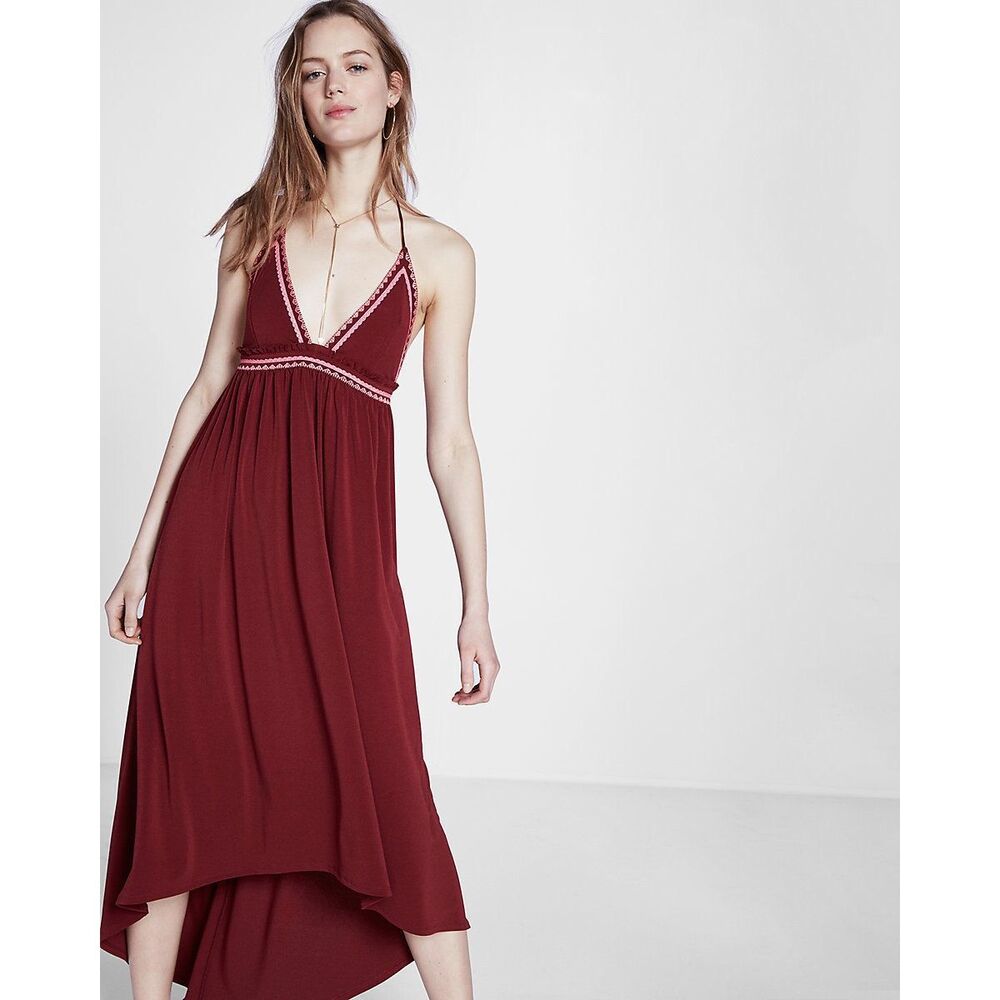 EXPRESS Women’s Merlot Red Contrast Embroidered Trim Halter Maxi Dress Size XS